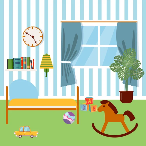 Niños Dormitorio Interior. Muebles y juguetes para niños. Ilustración vectorial — Vector de stock