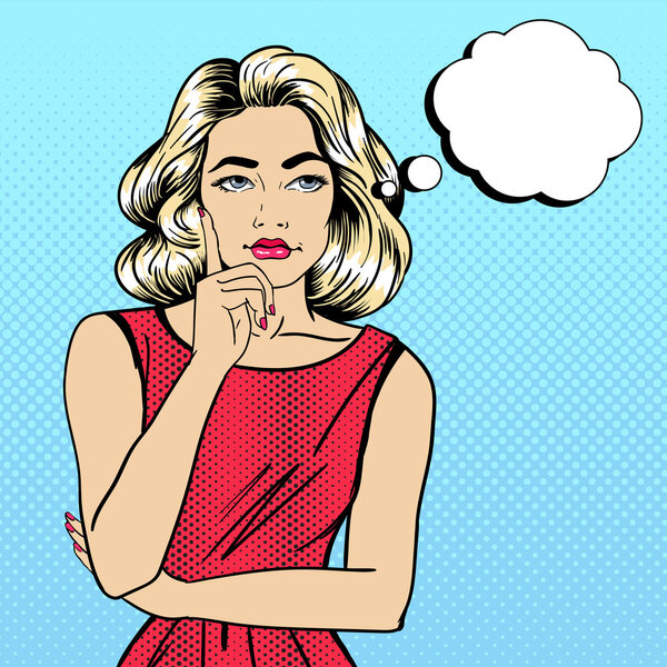 Женское мышление. Красотка. Женские сомнения. Женщина смотрит вверх. Поп Арт Баннер. Векторная иллюстрация
