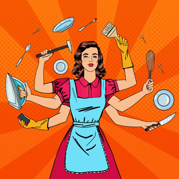 Successful Housewife. Multitasking Woman. Perfect Wife. Pop Art. Vector illustration — Stock Vector