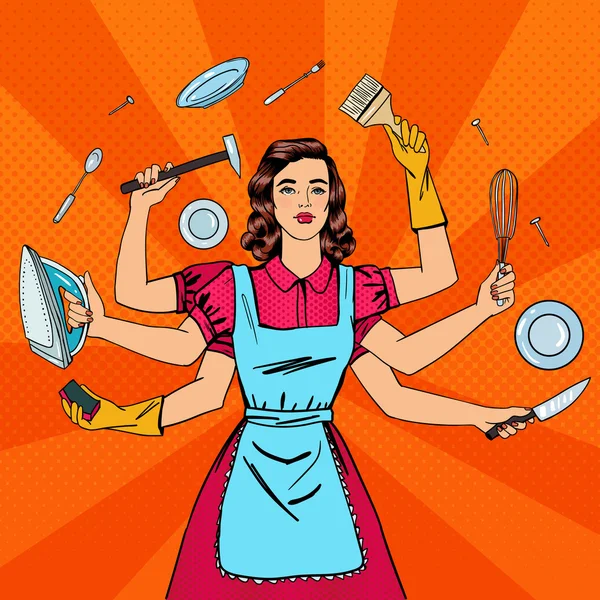 Ibu rumah tangga yang sukses. Multitasking Woman. Istri yang sempurna. Seni Pop. Ilustrasi vektor - Stok Vektor