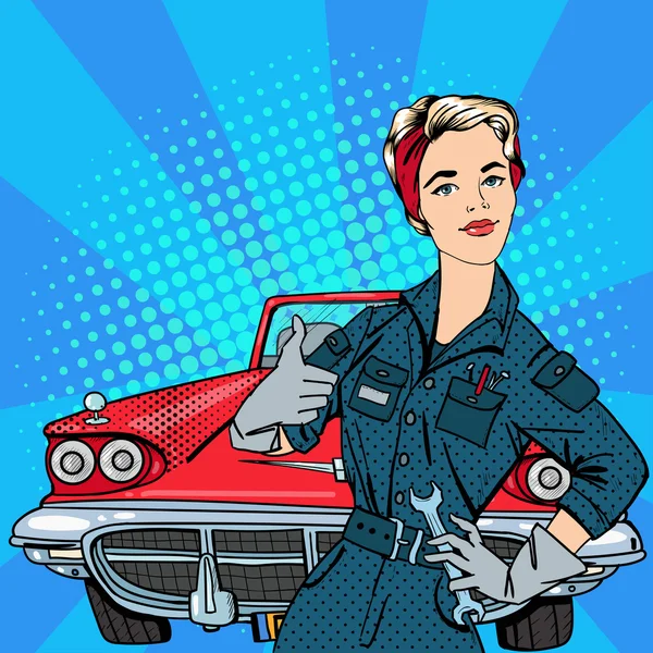 Chica con herramientas. Mujer Trabajadora Gesturing Great. Coche Americano Vintage. Pop Art Banner. Ilustración vectorial — Vector de stock