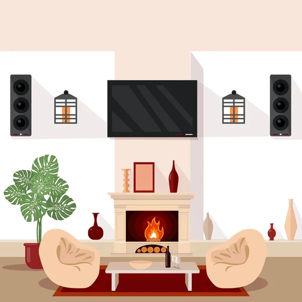 Salon Intérieur. Intérieur moderne avec TV et cheminée. Intérieur. Illustration vectorielle — Image vectorielle