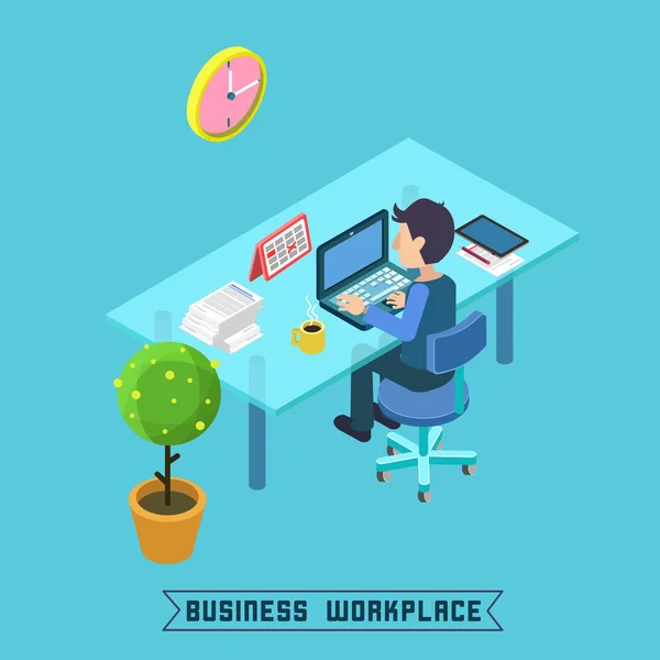 Moderne werkplek. Isometrische kantoor. Zakenman aan het werk. Kantoor tafel met laptop. Vector illustratie — Stockvector