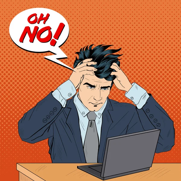Stresli Adam İş Başında. Adam kafasını tuttu. Laptop'lu bir iş adamı. Kabarcık Oh Hayır. Pop Art. Vektör çizimi