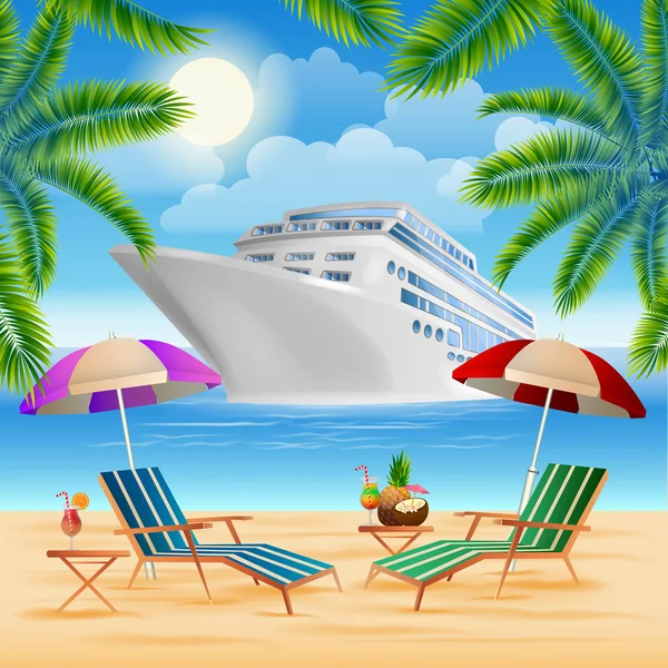 Paraíso Tropical. Crucero. Isla exótica con palmeras. Vacaciones y viajes. Ilustración vectorial — Archivo Imágenes Vectoriales