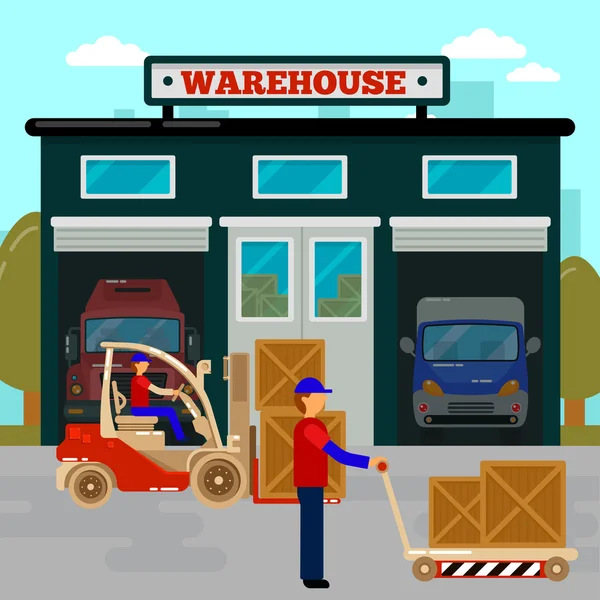 Edificio Warehouse. Industria de carga. Trabajador en montacargas. Carga de carga — Archivo Imágenes Vectoriales