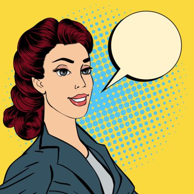 Gülümseyen İş Kadını. İfade için Baloncuk. Pop Art. Vektör çizimi