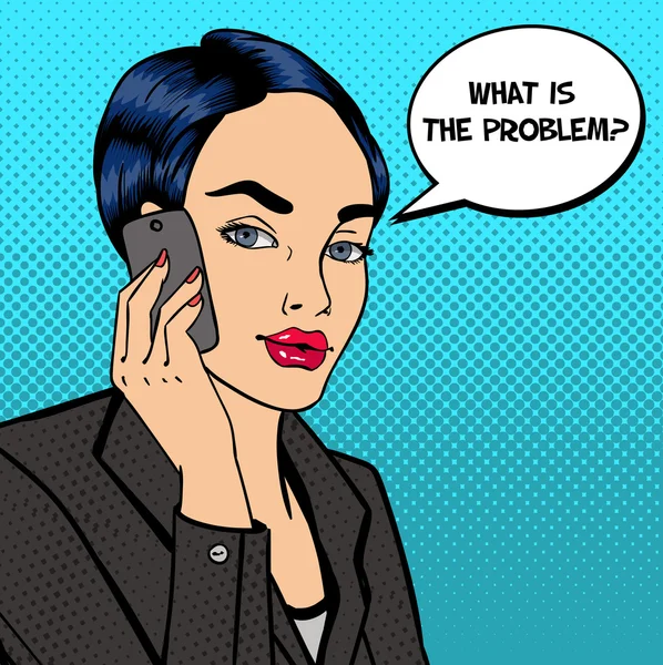 Üzleti Lady beszélő a telefonban. Vonzó üzletasszony. Pop-art. Vektoros illusztráció — Stock Vector