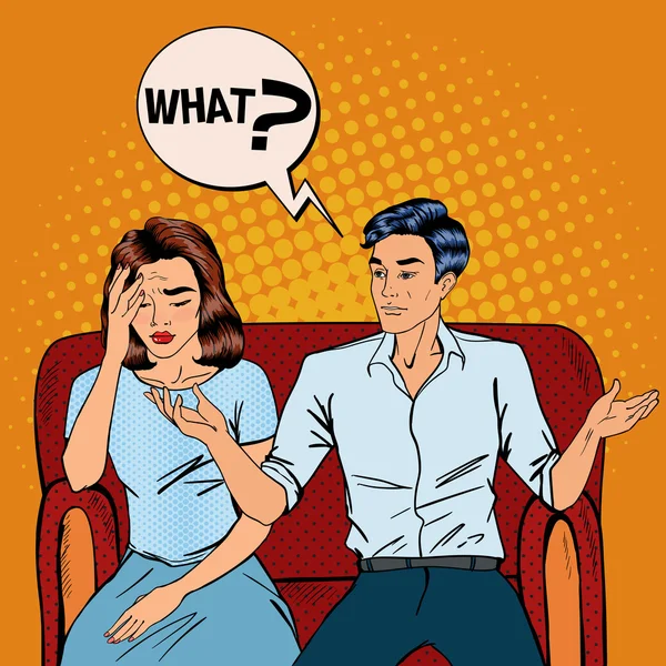 Disputa entre el hombre y la mujer. Home Quarrel. Mujer ofendida. Hombre preguntando qué. Arte Pop. Ilustración vectorial — Vector de stock