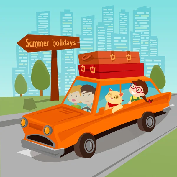 Viajar en coche. Vacaciones de verano en familia. Familia en coche. Ilustración vectorial — Vector de stock