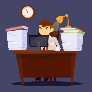 Çok Çalışan Adam. Yorgun İşadamı. İş yerinde stres. Ofis Hayatı. Vektör çizimi