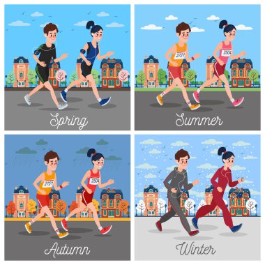 Şehir Maratonu Koşucuları. Kasabanın içinden koşan kadın ve erkek. Mevsimlik Koşu. Vektör çizimi
