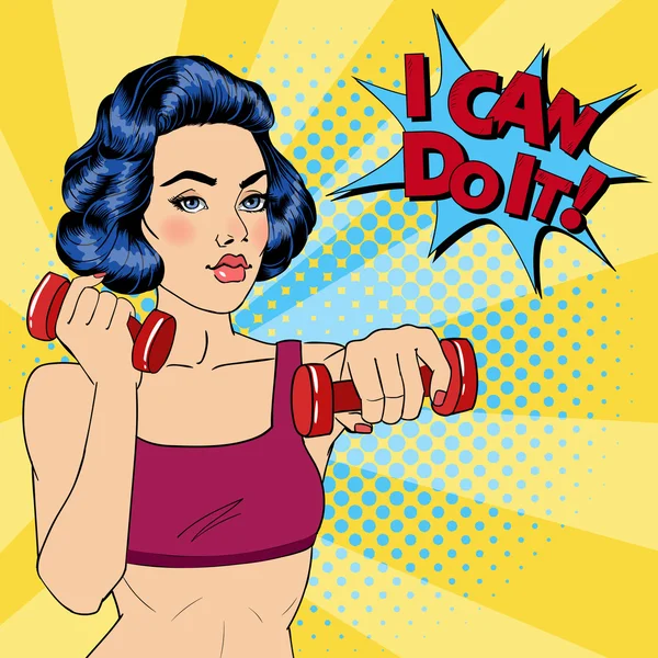 Woman with Dumbbells. Bubble I Can Do It. Fitness Girl. Pop Art. — Stockvector