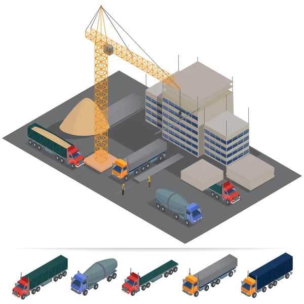 Industria de la construcción de edificios. Transporte Industrial. Edificio Isométrico. Ilustración vectorial — Archivo Imágenes Vectoriales