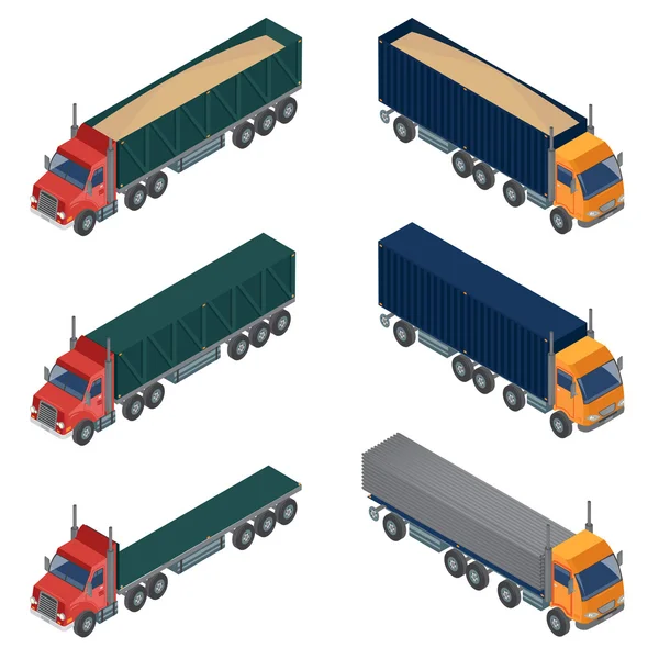 Transporte pesado. Transporte Isométrico. Conjunto de Camiões. Camião de carga. Ilustração vetorial — Vetor de Stock
