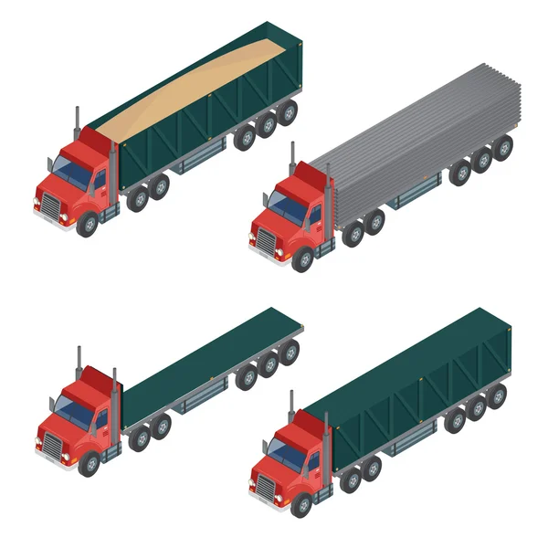 Transporte pesado. Transporte Isométrico. Conjunto de Camiões. Camião de carga. Ilustração vetorial — Vetor de Stock