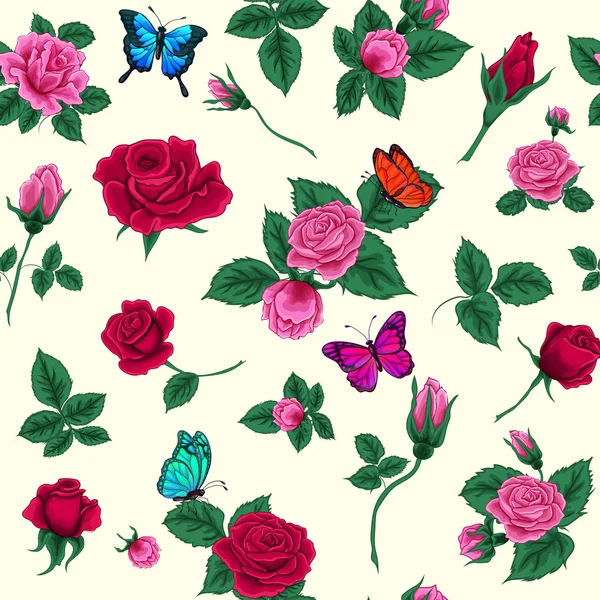 Florales nahtloses Muster. Blumen und Schmetterlinge Hintergrund. Vektorillustration — Stockvektor