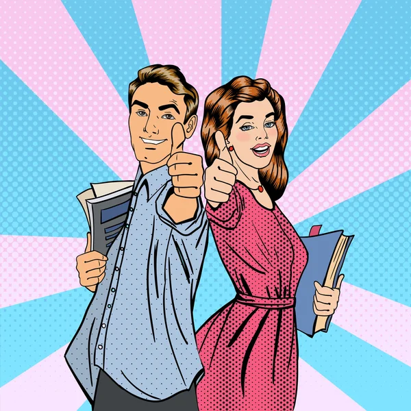 Paar studenten. Man en vrouw Gesturing geweldig. Studenten met boeken. Educatief concept. Pop art. Vector illustratie — Stockvector