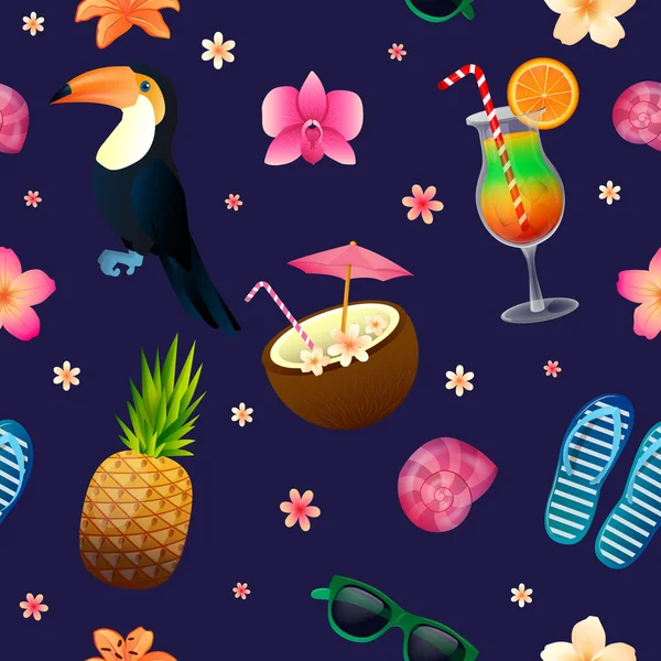 Tropické pozadí. Bezešvé vzory s koktejlem, ananasovým a slunečními brýlemi — Stockový vektor