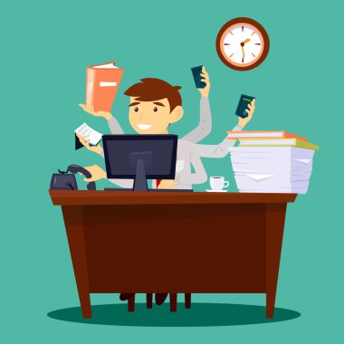 Çoklu görev iş adamı. Adam Office içinde işte. Başarılı bir iş adamı. Vektör çizim