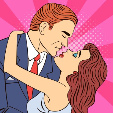 Çift öpüşme. Adam bir kadını öperken. Sanat afiş pop. Vektör çizim
