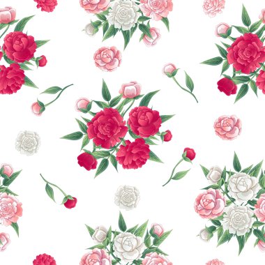 Çiçek Seamless modeli. Peonies arka plan. Pembe ve beyaz zavallı. Vektör çizim