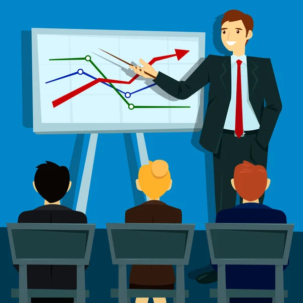 Présentation d'affaires. Un homme d'affaires montre des statistiques à bord. Illustration vectorielle — Image vectorielle