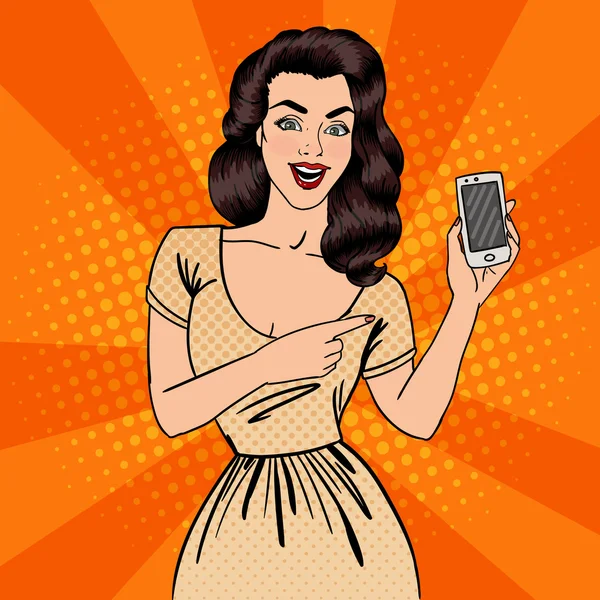 Mädchen mit Smartphone. schöne Frau zeigt neues Smartphone. Pop-Art. Vektorillustration — Stockvektor