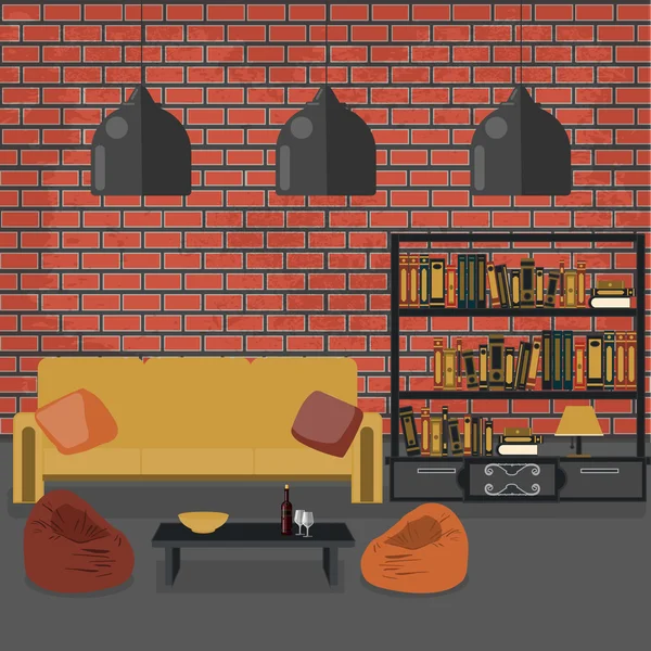 Modern Interior. Living Room in Grunge Style. Room Design with Furniture and Book Shelves. Vector illustration
