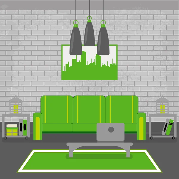 Interior moderno. Sala de estar en estilo grunge. Diseño de habitaciones con muebles y ordenador portátil. Ilustración vectorial — Vector de stock