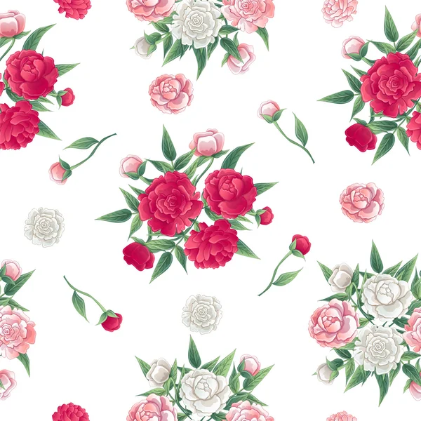 Florales nahtloses Muster. Pfingstrosen im Hintergrund. rosa und weiß peon. Vektorillustration — Stockvektor