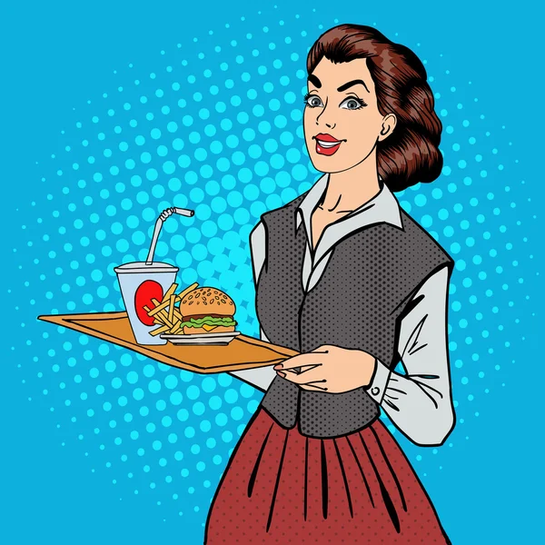 Pelayan dengan makanan cepat saji. Perempuan Memegang Baki dengan Burger dan kentang goreng. Seni Pop. Ilustrasi vektor - Stok Vektor