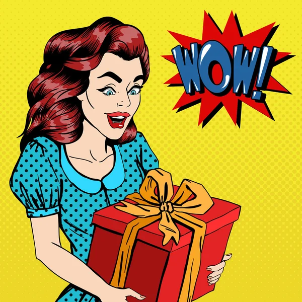 Mujer con regalo. Mujer emocionada con presente. Pop Art Banner. Ilustración vectorial — Vector de stock