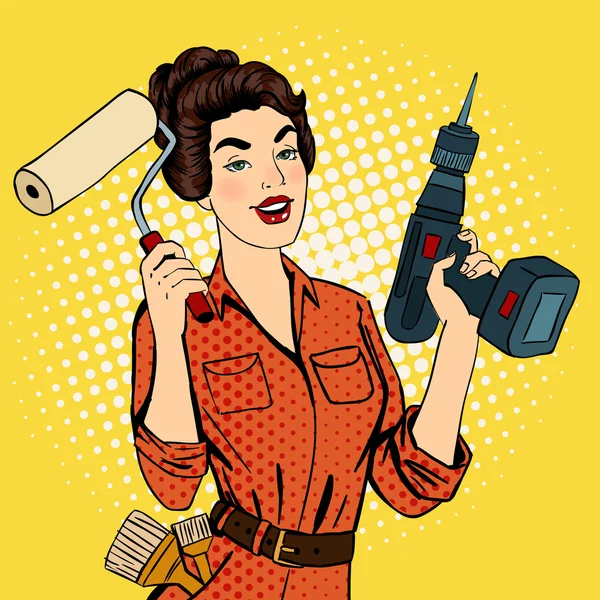 Chica con rodillo cepillo y taladro. Mujer haciendo reparaciones. Arte Pop. Pin Up Girl. Ilustración vectorial — Vector de stock