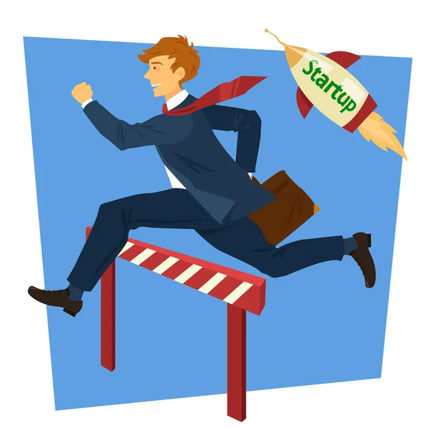 Running Businessman Jumping Over Barrier. Business Startup. Vector illustration — Stock Vector