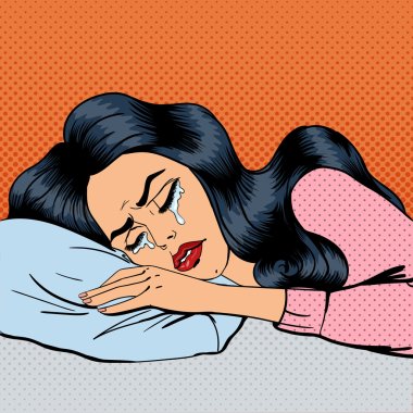 Crying Woman. Exhausted Woman. Woman Crying in a Pillow. Pop Art. Vector illustration clipart
