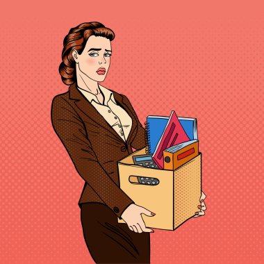 Kovulan kadın. Hayal kırıklığına uğramış iş kadını. Kovulan Ofis Çalışanı Eşyalarını ile Holding Box. Pop Art. Vektör çizimi
