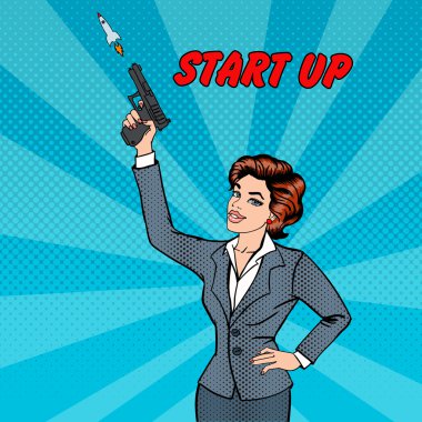 İş Kadını Yeni Projeye Başlıyor. İş kadını. Gun'la İş Kadını. Başlayın. Pop Art. Vektör çizimi