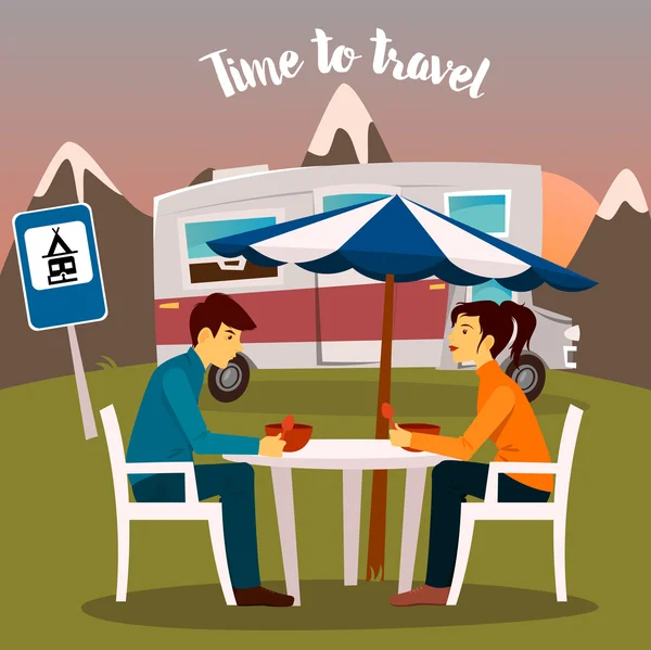 Summer Camp. Man and Woman Sitting Near the Camper. Time to Travel. Vector illustration — Διανυσματικό Αρχείο