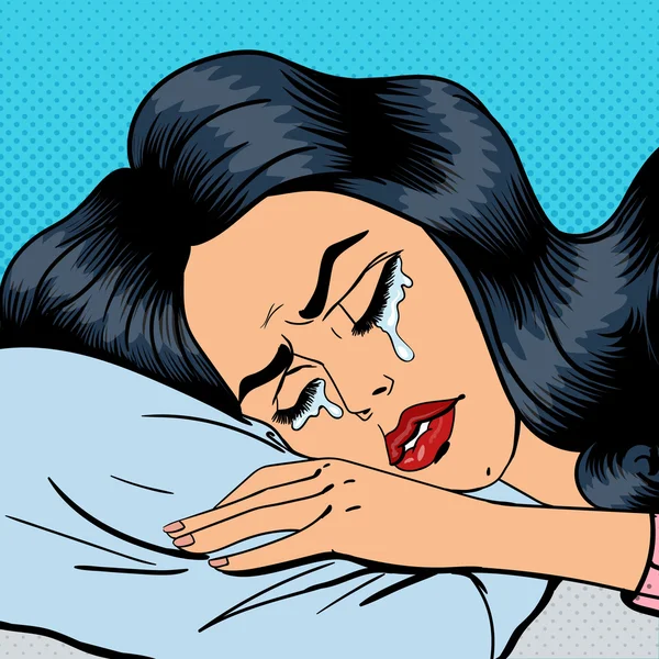 Mujer llorona. Mujer exhausta. Mujer llorando en una almohada. Arte Pop. Ilustración vectorial — Vector de stock