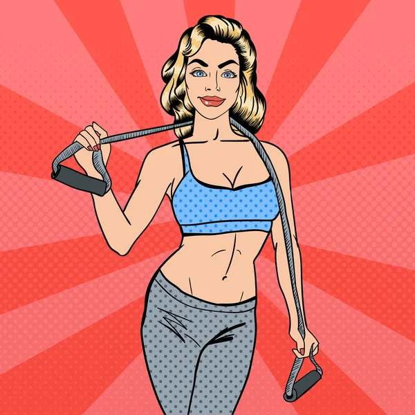 Spor aletli bir kadın. Fitness kızı. Atletik Kadın. Pop Art. Vektör illüstrasyonu