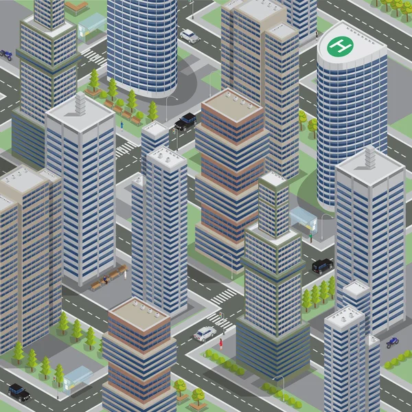 İyometrik Mimari. İş Şehri. Scyscrapers ile Cityscape. İyometrik Nakliyat. Vektör çizimi