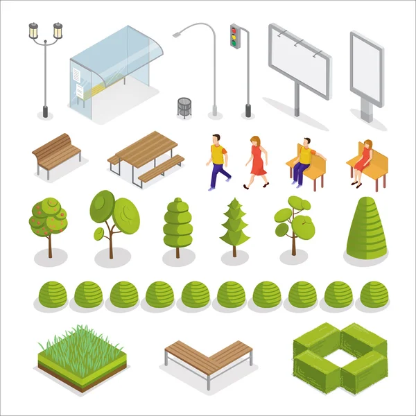 Isometric City. Des gens isométriques. Éléments urbains. Arbres et plantes. Illustration vectorielle — Image vectorielle