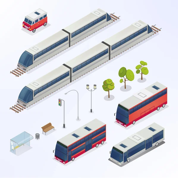 Isometrische stad. Stedelijke elementen. Isometrische bus. Isometrische trein. Stadsvervoer. Vector illustratie — Stockvector