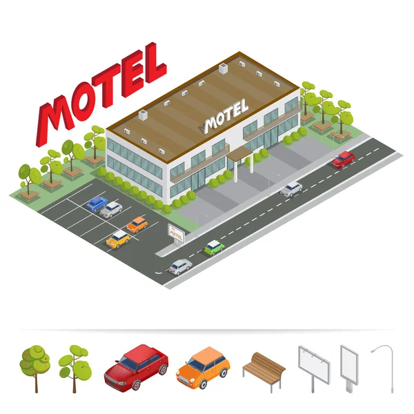 Edificio isometrico. Motel con Parcheggio. Motel isometrico. Illustrazione vettoriale — Vettoriale Stock