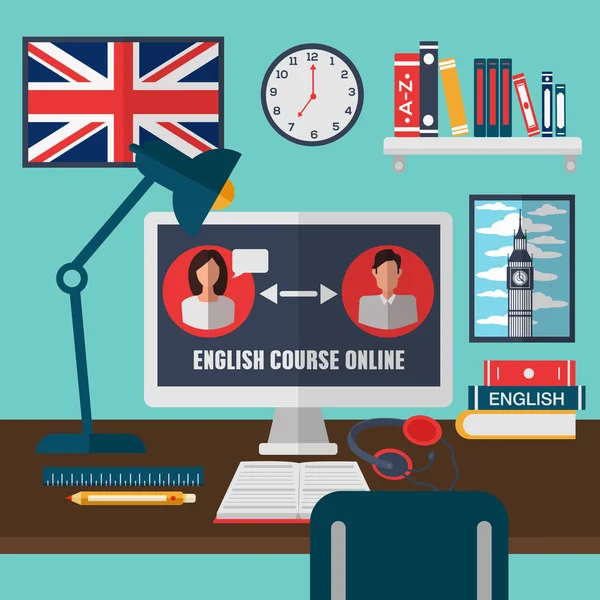 Apprendre l'anglais en ligne. Cours de formation en ligne. École de langue anglaise. Éducation en ligne. Illustration vectorielle — Image vectorielle