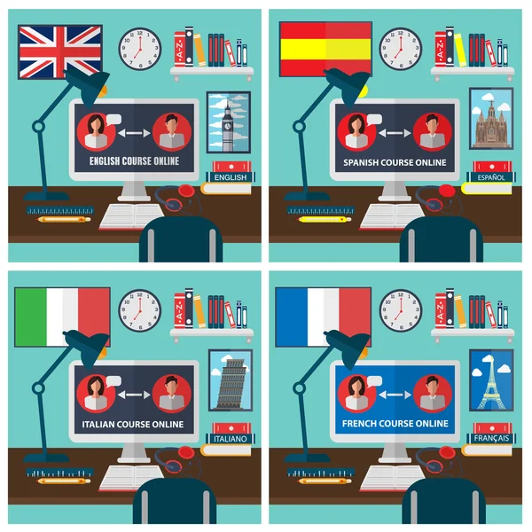 Aprender idiomas extranjeros en línea. Cursos de formación en línea. Escuela de idiomas. Educación en línea. Ilustración vectorial — Vector de stock