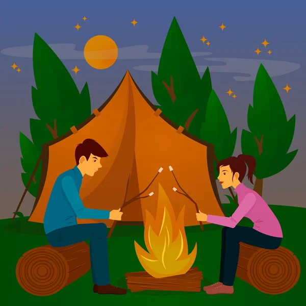 Zomerkamp. Man en vrouw zitten bij de open haard. Vreugdevuur met marshmallow. Vector illustratie — Stockvector