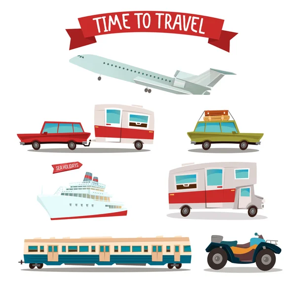 Conjunto de transporte de viajes. Camper y Car. Tren y avión. Moto ATV. Nave de pasajeros. Ilustración vectorial — Vector de stock