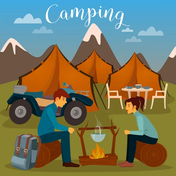 Campamento de verano. Hombre y mujer sentados junto a Chimenea. Camping y ATV — Vector de stock